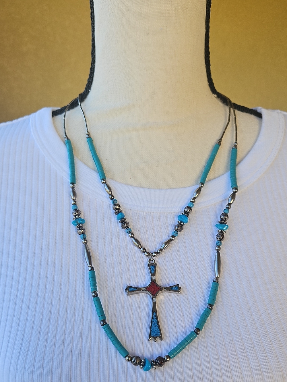 Double Strand Silver Tone and Turquoise Beaded Necklace